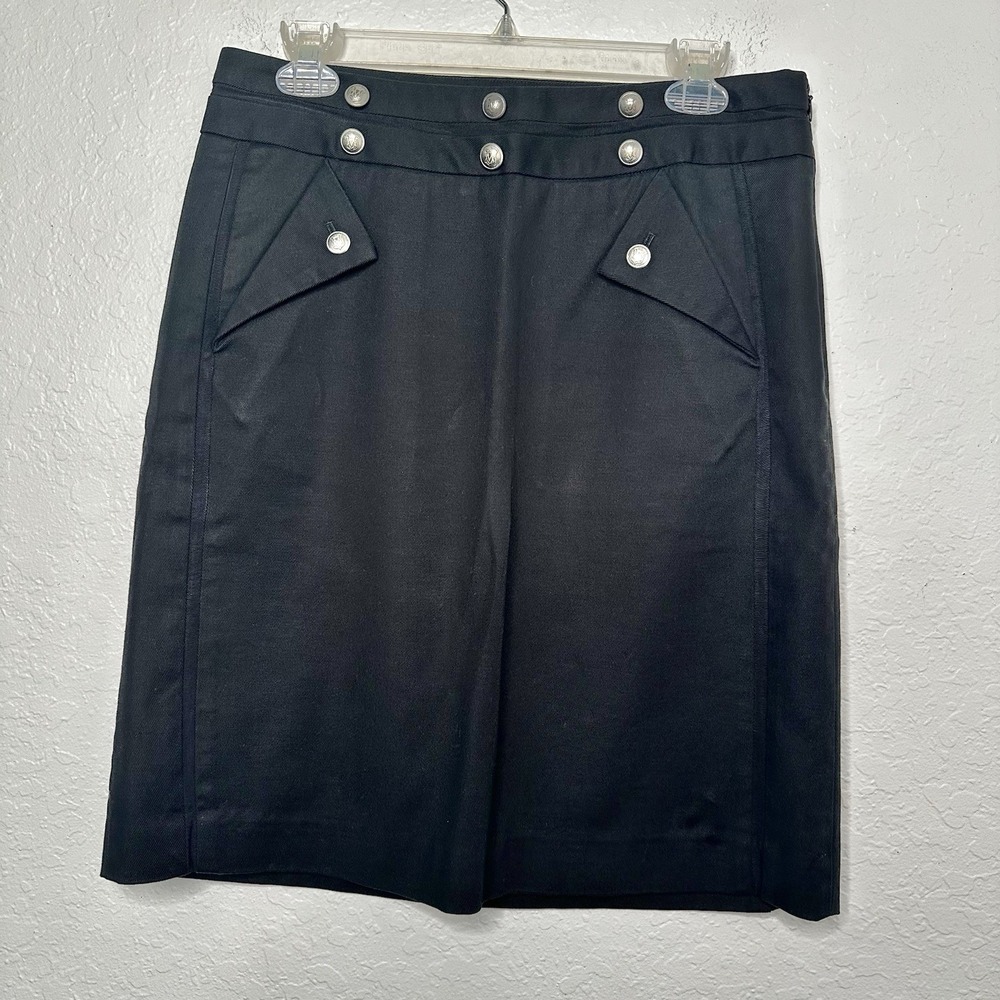 Club Monaco Black Pencil Silhouette Stretch Skirt Size 8 Metallic Buttons Pocket